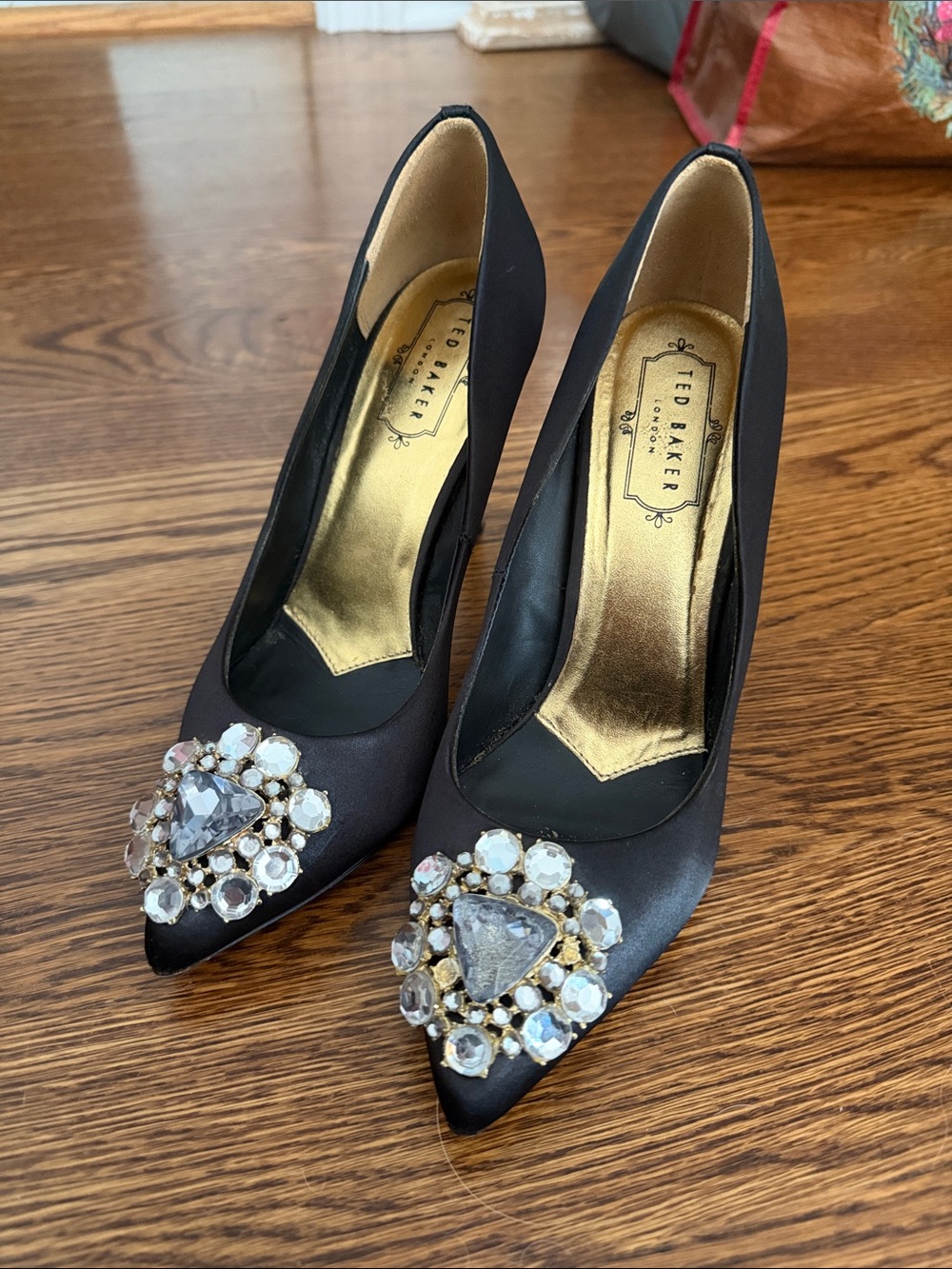 Ted Baker Black Satin Pointed-Toe Pumps with Crystal Brooch